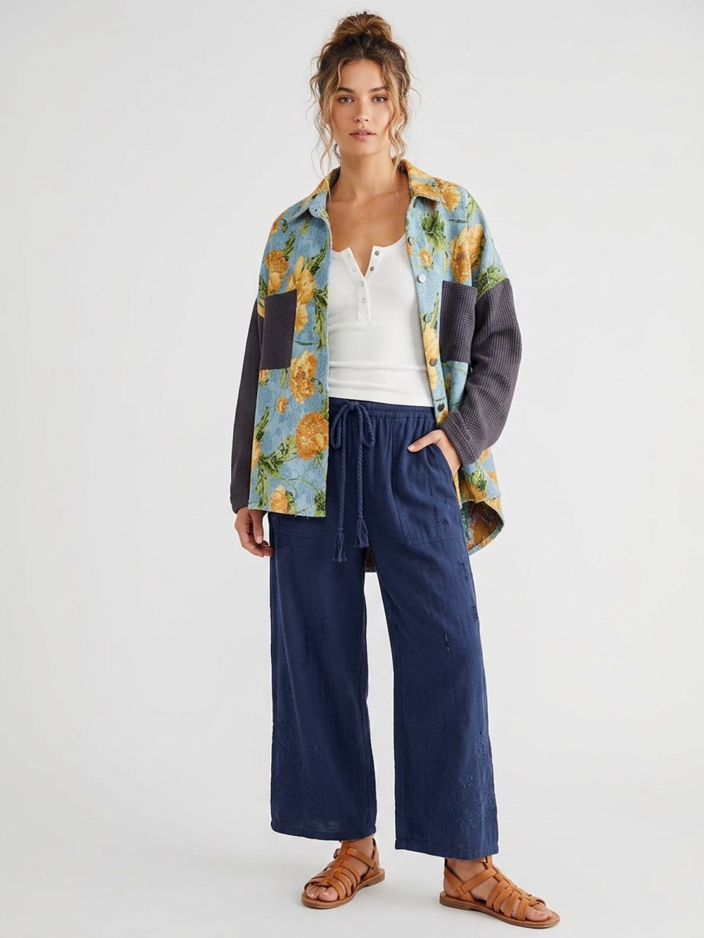 POL Floral Tapestry Jacket Oversized Boho Artsy Blue Yellow